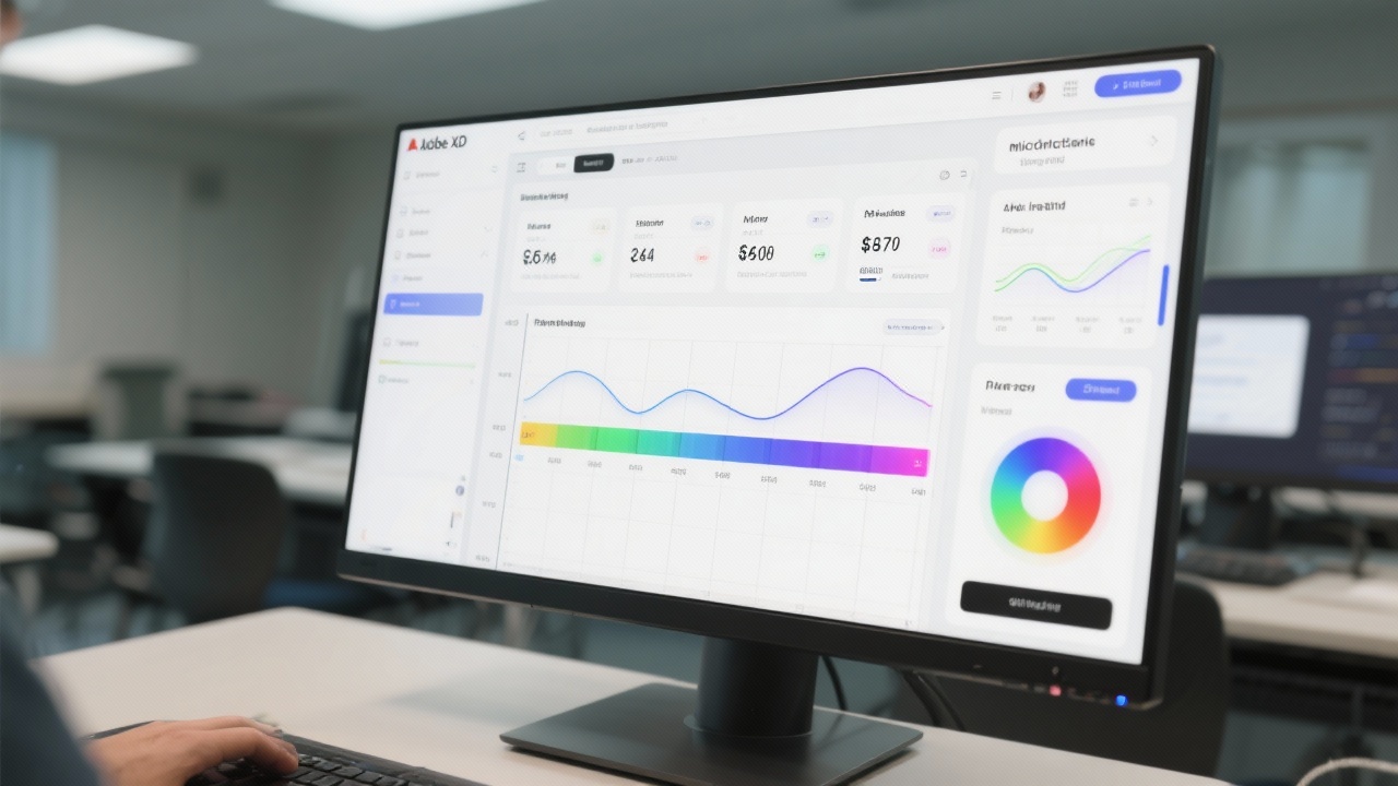 Adobe XD interface showing timeline editor with micro-interactions for finance dashboard, gradients, easing curves, and preview pane on large monitor inside training center.