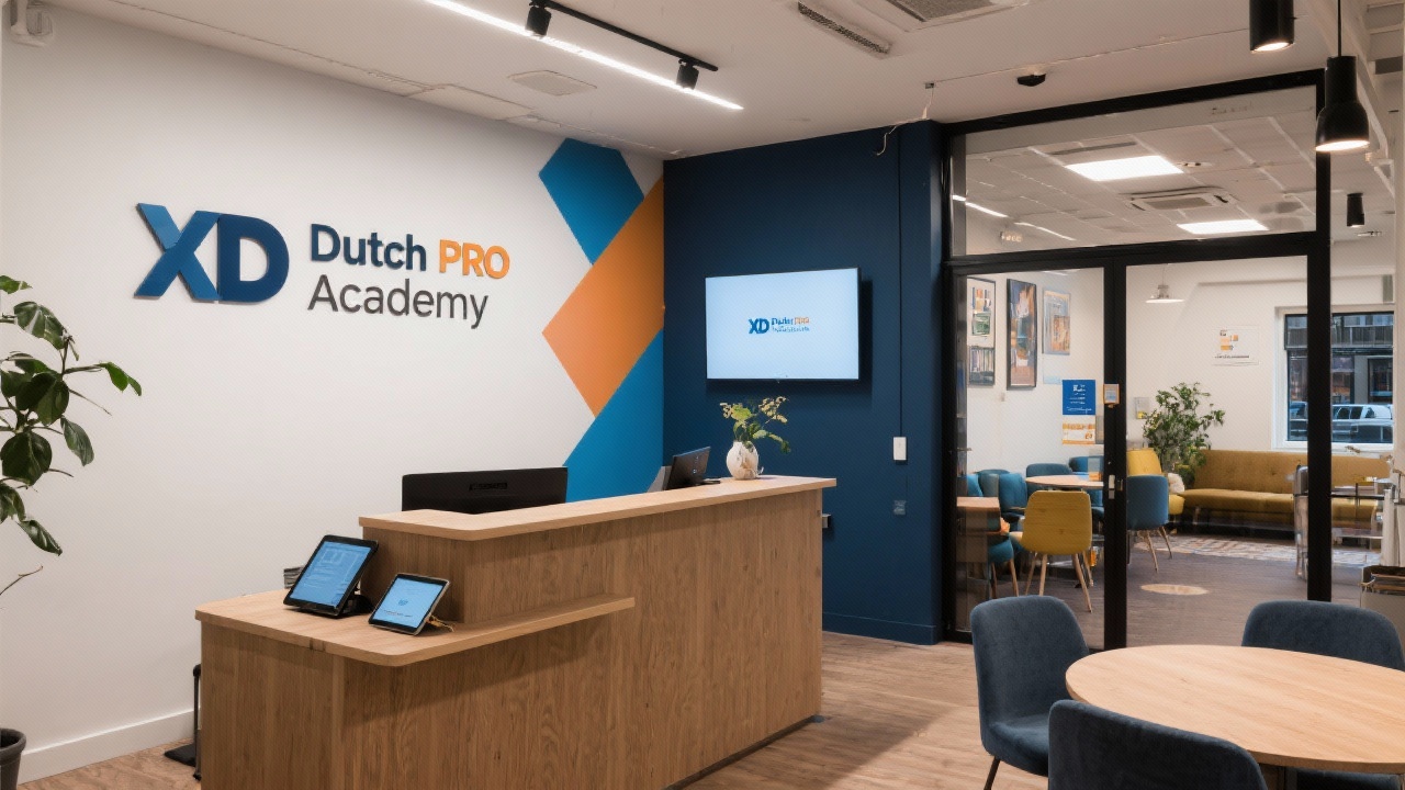 Front office of Dutch XD Pro Academy on Keizersgracht showing branded signage, reception desk with tablets, and welcoming environment for visiting UX professionals.