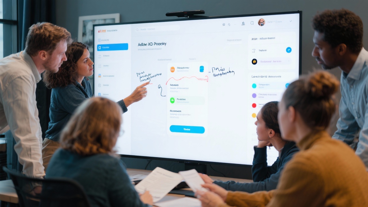 Cross-functional team evaluating Adobe XD prototype on large display, annotating interaction timings, design tokens, and developer ready documentation aligned with Dutch fintech regulations.