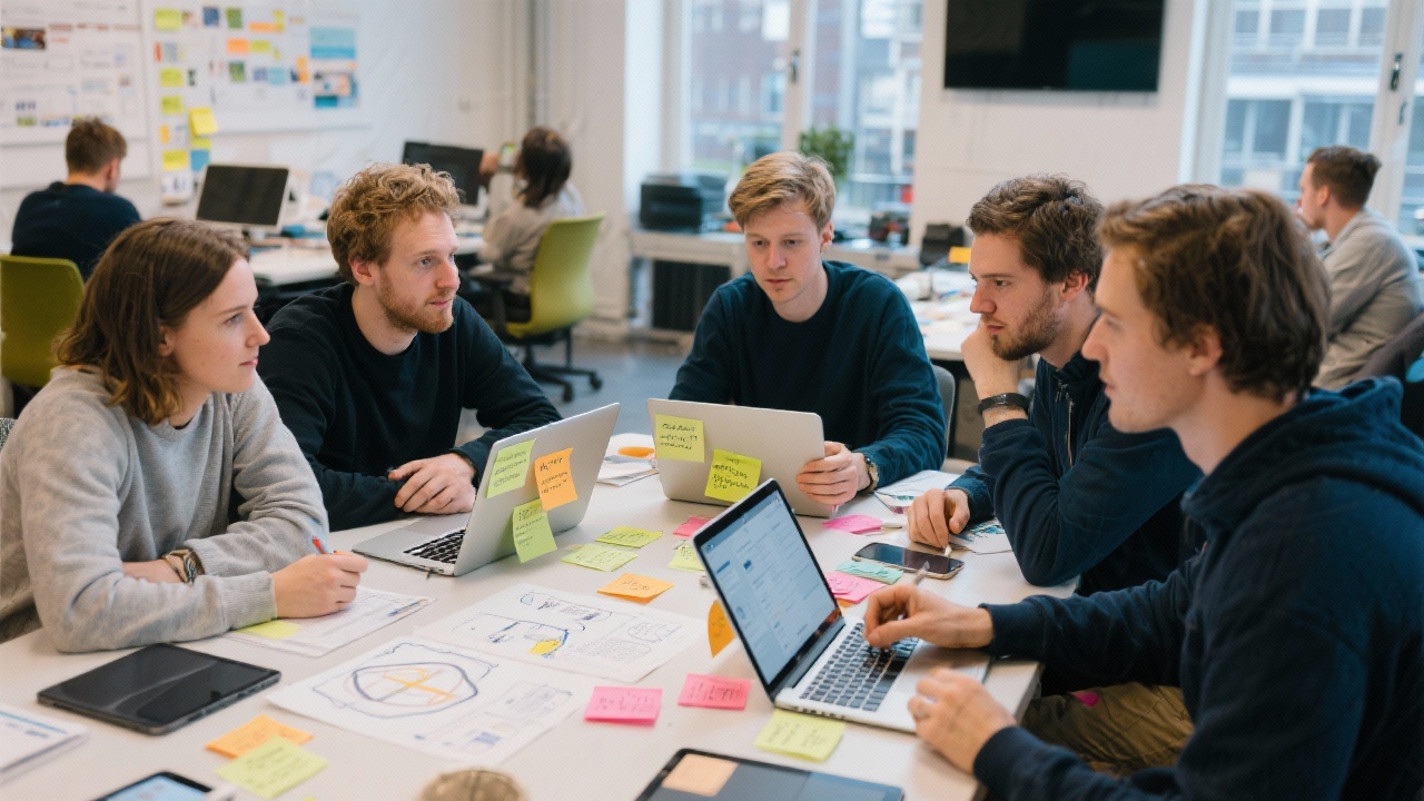 Group of Dutch UI designers collaborating around laptops with Adobe XD prototype boards, sticky notes, and tablets during advanced prototyping lab in Amsterdam creative workspace.