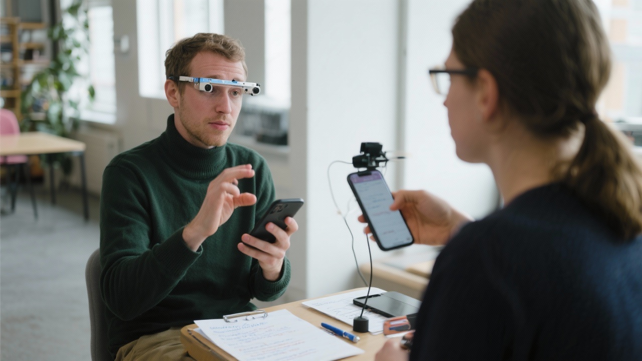 User researcher moderating smartphone usability session with participant while recording gestures, eye tracking notes, and localized copy observations for Dutch accessibility compliance.
