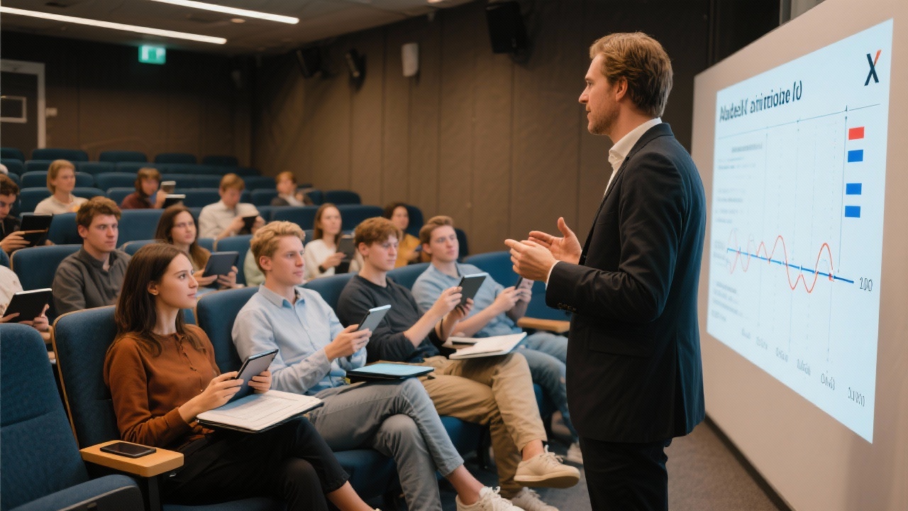 Professional trainer presenting advanced Adobe XD animation timeline to group of Dutch mobile designers seated in auditorium with tablets and localized reference materials.
