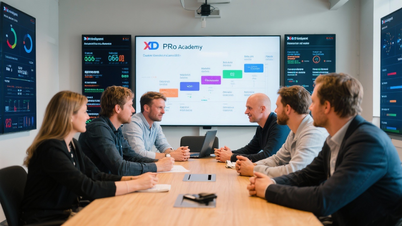 Founding Dutch XD Pro Academy team discussing curriculum milestones around conference table surrounded by digital boards tracking learner progress and industry alignment metrics.